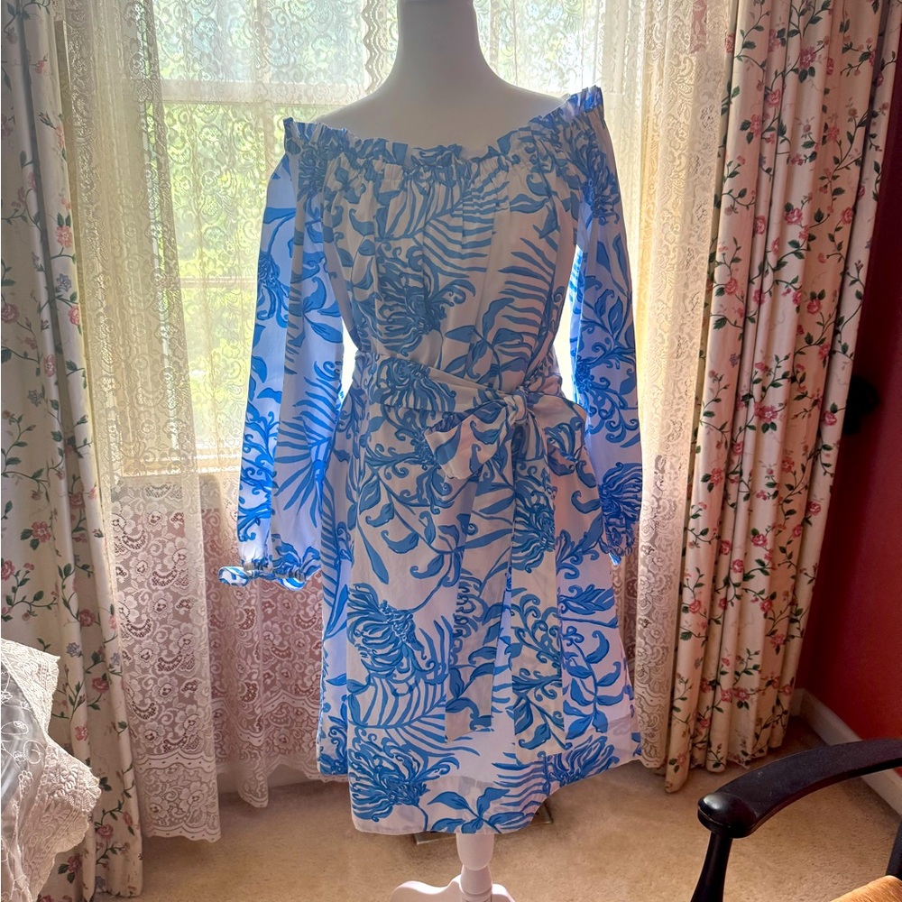 NWT Lilly Pulitzer Jamielynn Off-The-Shoulder Cotton Glisten In Sun Dress Size L